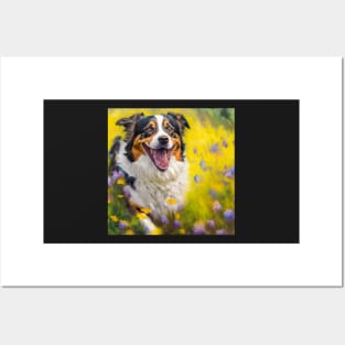 Wildflowers and Australian Shepherd Impressionist Art Print Posters and Art